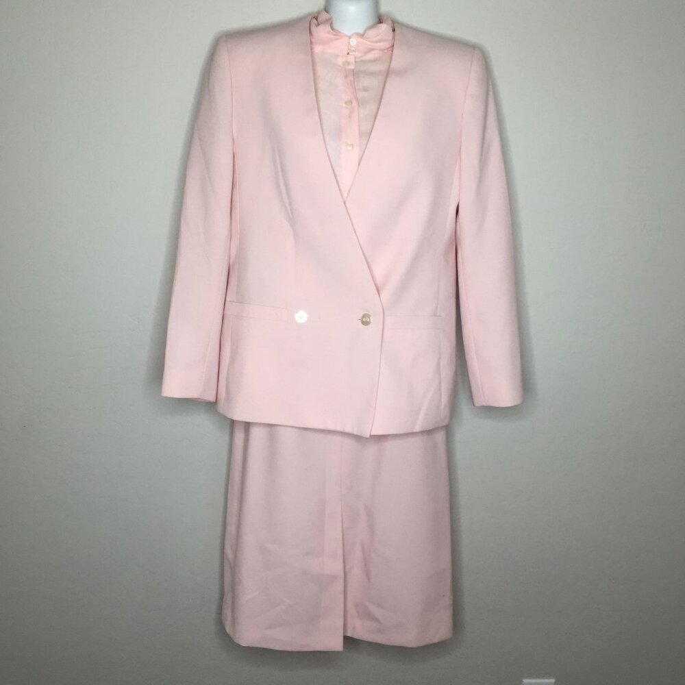 Vintage Stirling Cooper Pink Suit Set Jacket Skirt Blouse Office Size 12/13 M
